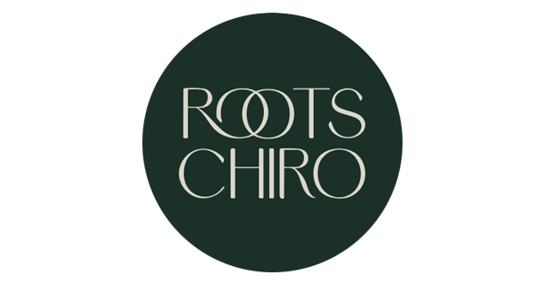 Circular logo with dark green background featuring the text “Roots Chiro”